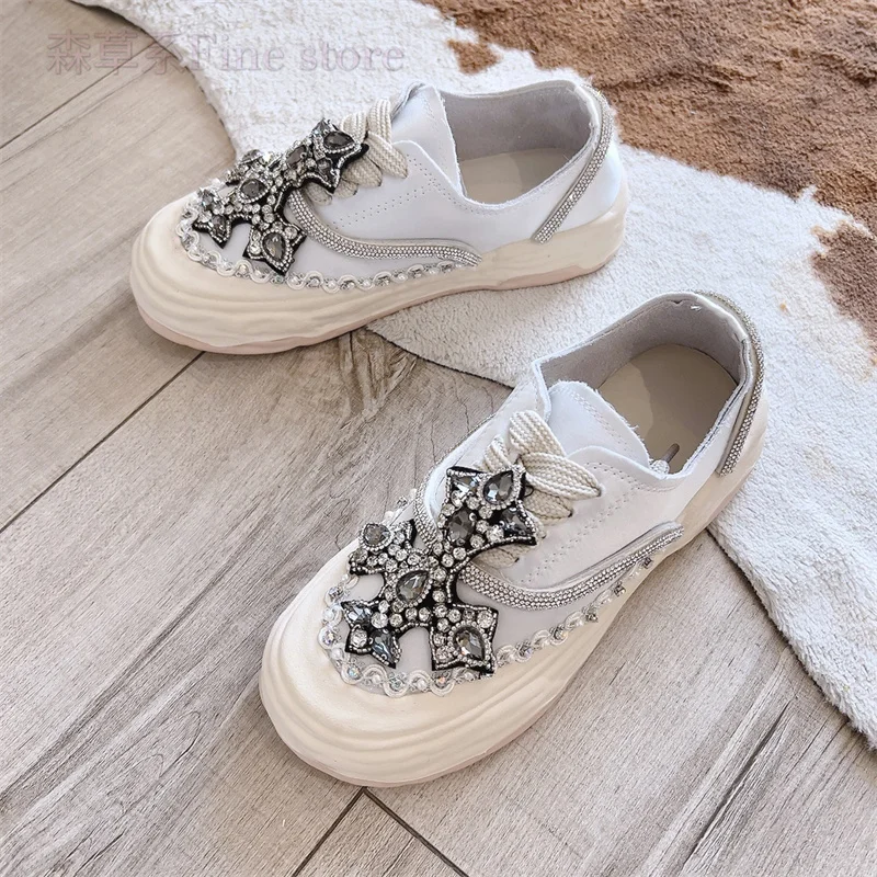 

Rhinestone shoes autumn new thick-soled satin lace-up flat casual shoes