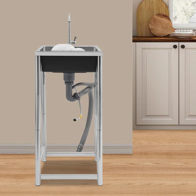 Stainless Steel Sink with Faucet Free Standing Utility Sink Single Bowl Sink Capacity 50kg for Homes Restaurants Laundry Rooms