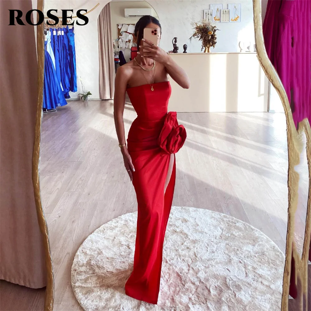 

ROSES Red Mermaid Sexy Evening Dresses Trumpet Charming Prom Dress 3D Flower Strapless Party Dresses Custom vestidos de noche