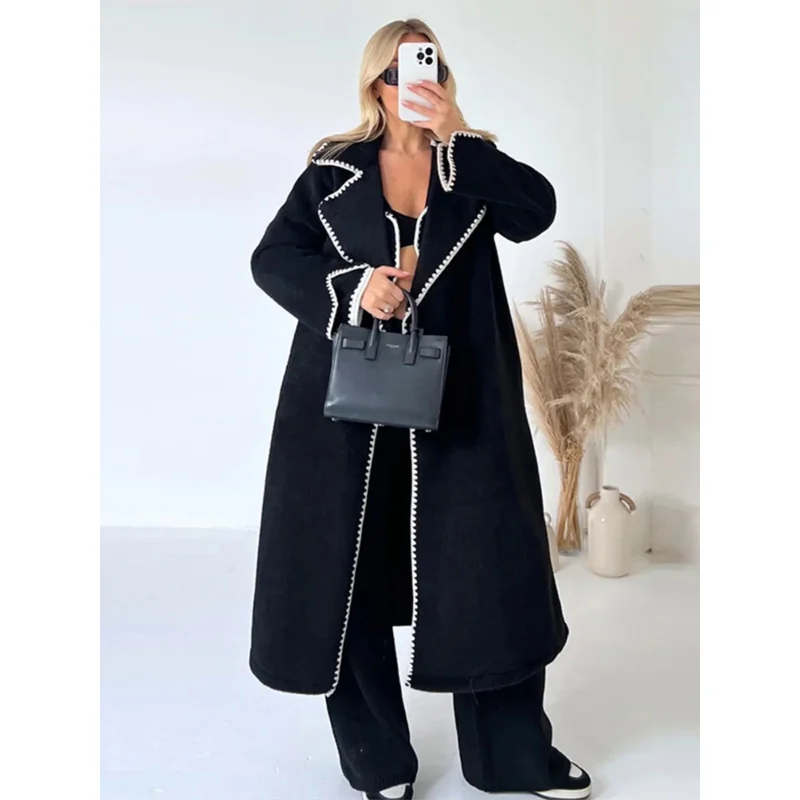 

Sandro Rivers Women Patchwork Splice Woolen Maxi Coat Long Coat Elegant Long Sleeve Solid Loose Jacket 2023 Autumn Winter Lady O