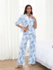 Women s Pajama Set Tropical Leaf Print Short Sleeve Button Down Tops Elastic Waist Pants 2 Piece Lounge Outfit 5