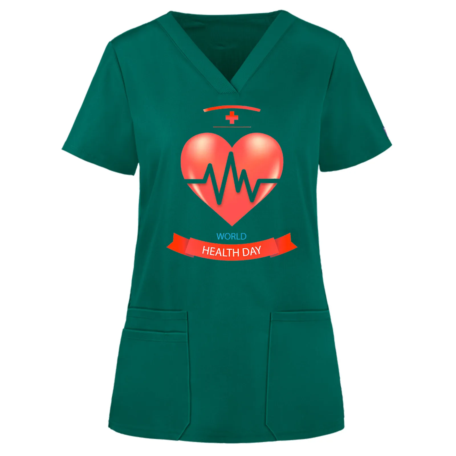 

Nursing Uniforms Women Heartbeat Printed V Neck Pockets Scrubs Tops Ladies Hospital Healthcare Working Workwear Nurse Uniform