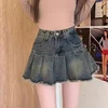 Vintage Fringe Design Slimming High-waisted Denim Skirt Women's Mini Dress Plenty Wrinkles For Summer 3