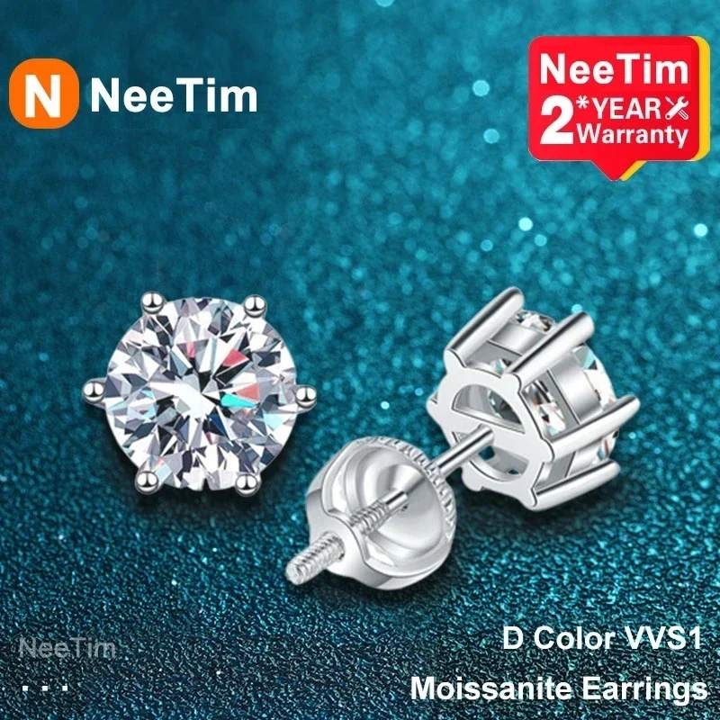 Neetim 2Ct Orecchini Moissanite Per Donna Uomo Lab Diamond White Gold Plated 925 Sterling Silver Stud Earring Luxury Fine Jewelry