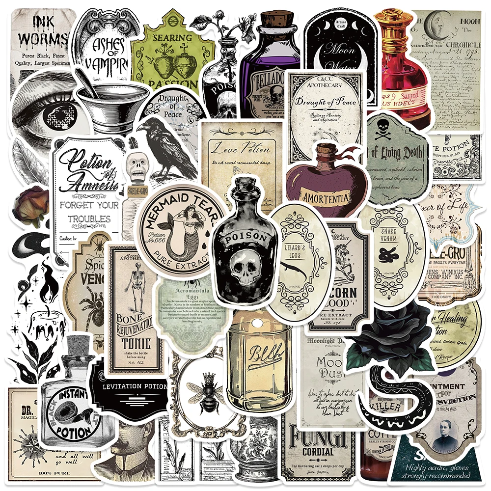 50/100 Stück Retro Gothic Apotheker Trank Etikettenaufkleber Wasserflasche Laptop Aufkleber Gepäck Notebook Skateboard Vinyl Aufkleber – Detail 10