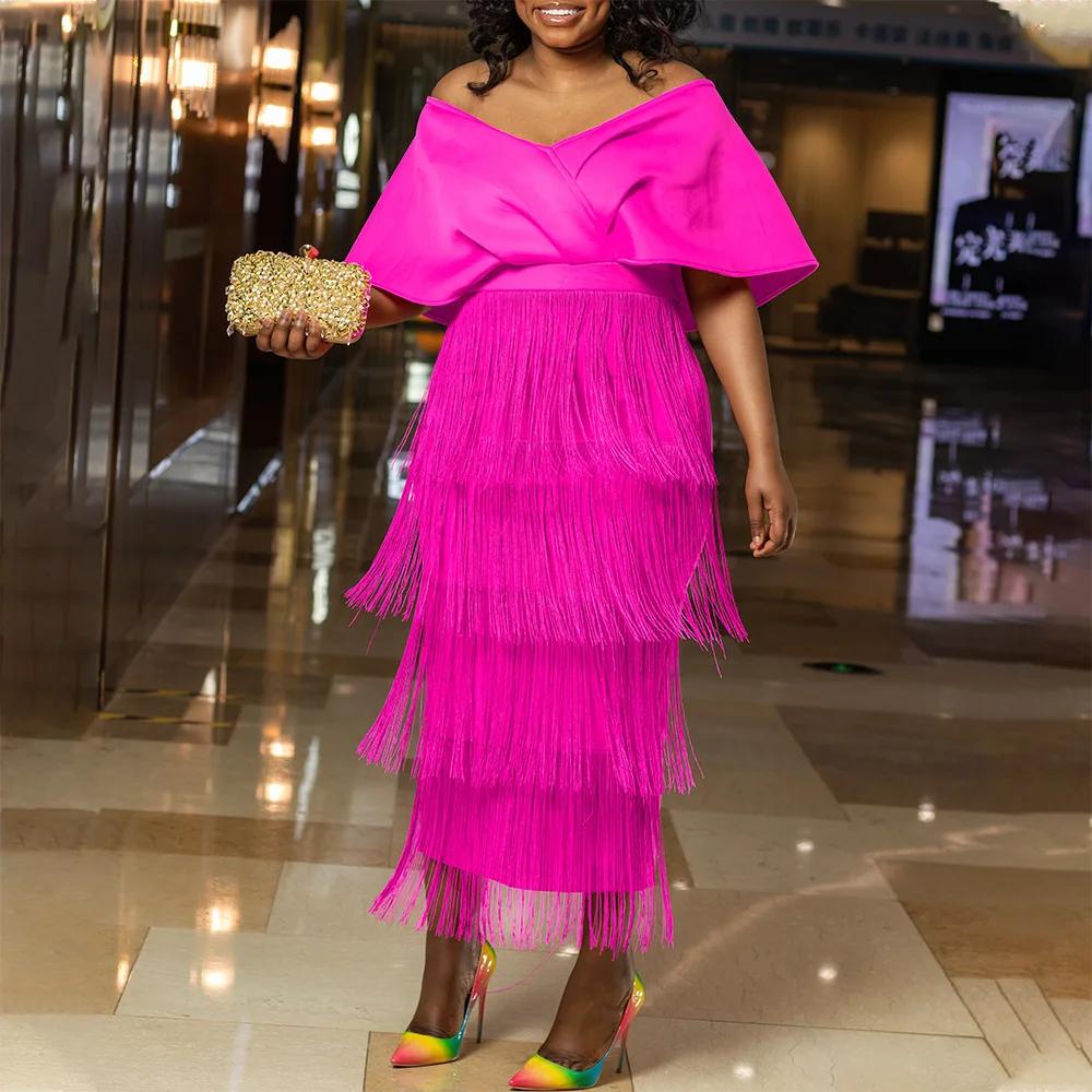 Plus Size Chic And Elegant Woman Dress Off Shoulder Tassel Club Outfit Lady Casual Luxury Gowns 2023 Spring Evening Party Dress