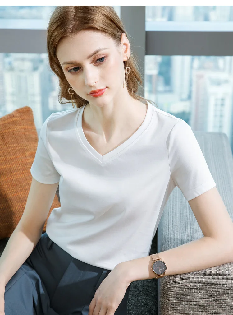 Ice Sensitive Silk Cotton V-neck Short Sleeved T-shirt for Women's Solid Round Neck Basic Commuting Elastic Oversized Top