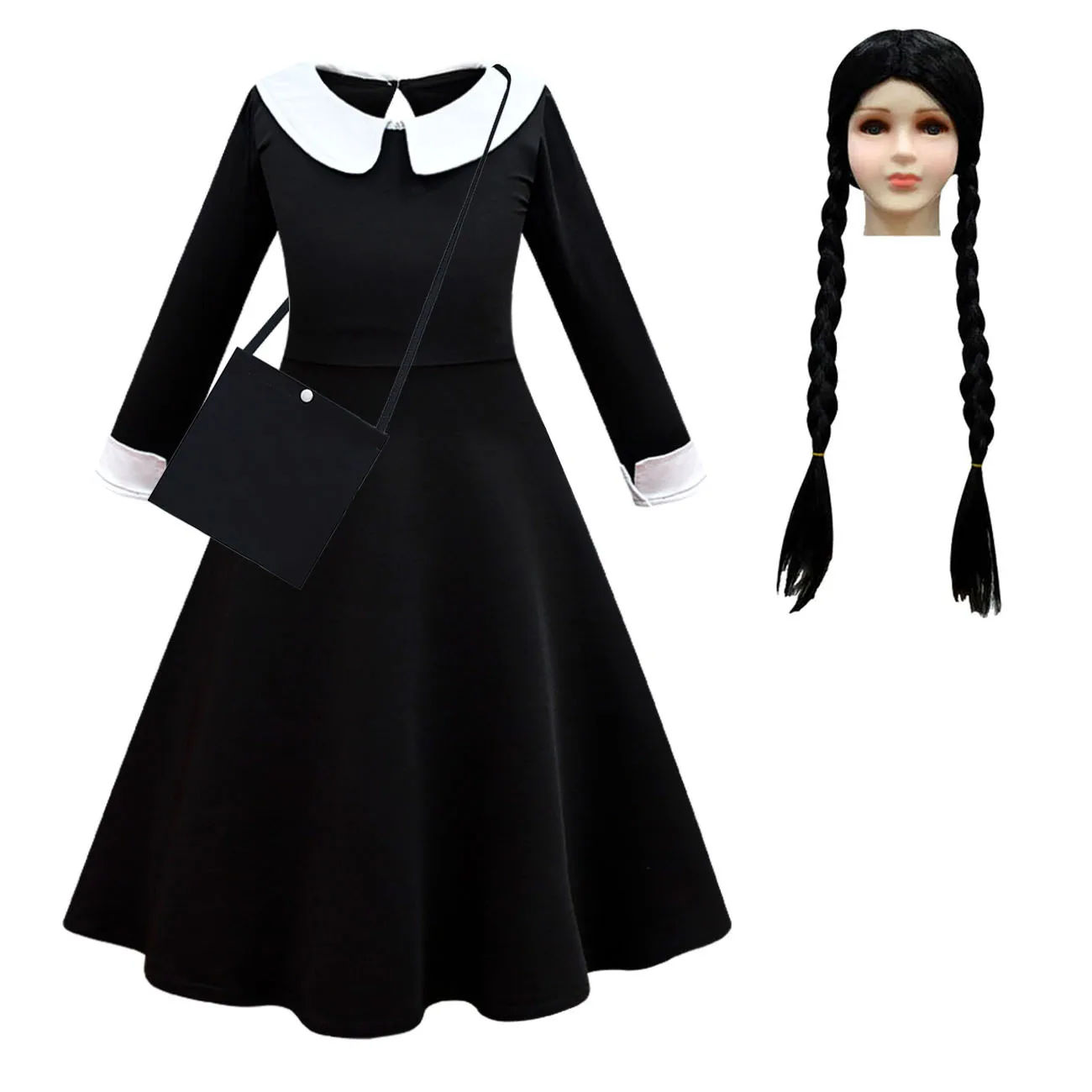 Morticia Dress Parrucca Borsa Abiti Carnival Gothic Clothes Bambini Costumi Di Halloween Addams Family Girls Wednesday Gothic Cosplay