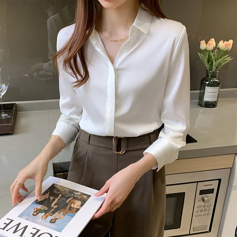 Women Fashion Satin Finish Solid Color All-match Shirts Spring Summer New Professional Blouses Lady Elegant Button Chiffon Tops brushed finish brass metal business cards plated gold color 100pcs lot wholesale