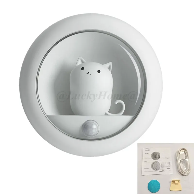Creative Cat Smart LED Night Light PIR Motion Sensor USB Rechargeable Lamp Decor 