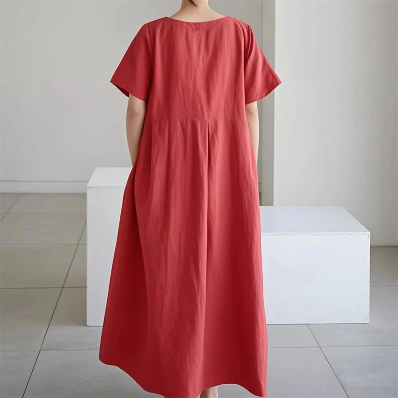 Hochgeschnittene Modische Übergröße-Kleider für Damen Baumwolle Leinen Locker Lässig O-Ausschnitt Pullover-Kleid Einfarbiges Plissiertes Kleid – Detail 23