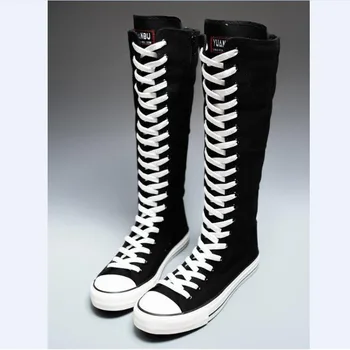 2025 New High Top Canvas Shoes for Women's Korean Edition Long Boot Lace-Up Zipper Comfortable Boot Zapatos De Mujer Tendencia