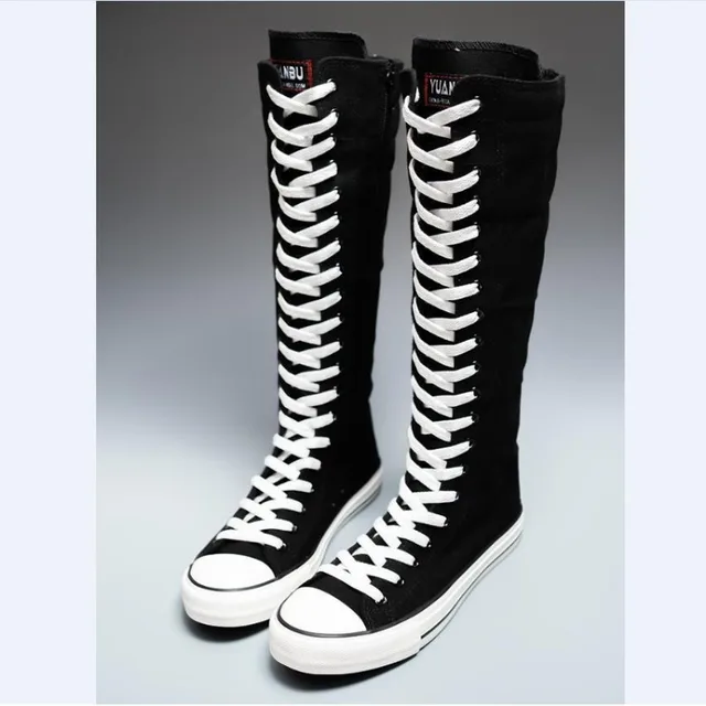 2025 New High Top Canvas Shoes for Women's Korean Edition Long Boot Lace-Up Zipper Comfortable Boot Zapatos De Mujer Tendencia 1