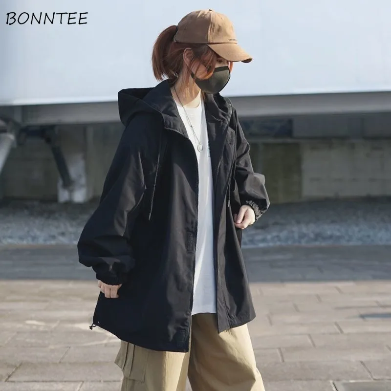 

Hooded Jackets Women Spring Japanese Style Solid Baggy All-match Long Sleeve Leisure Coats Zipper-up Warm Windbreak Breathable