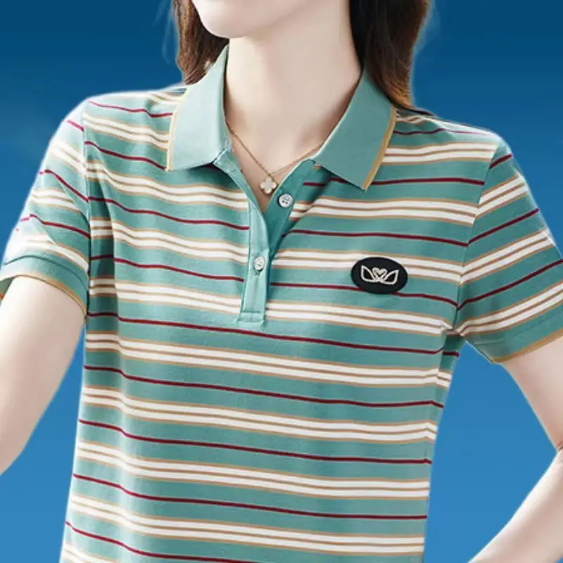 

2023 New Turn-down Polo Collar Striped Short Sleeve T-shirt Women's Summer Loose Patchwork Embroidery Button Fashion Tops