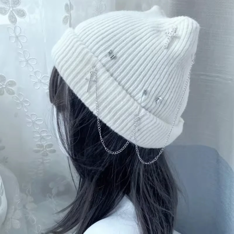 Gothic Knitted Beanie Hat For Women Y2K Cat Ear Hat Handmade Crochet Skull Hat Female Teens Subculture Headwear_voghion.com
