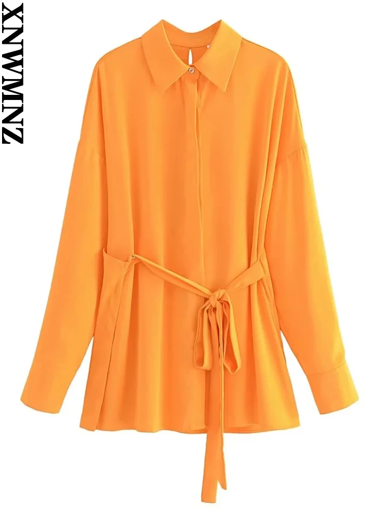 

XNWMNZ 2022 Women Fashion Back Cross Knot Shirt Woman Retro Long Sleeve Lace Up All Match Female Chic Blouse