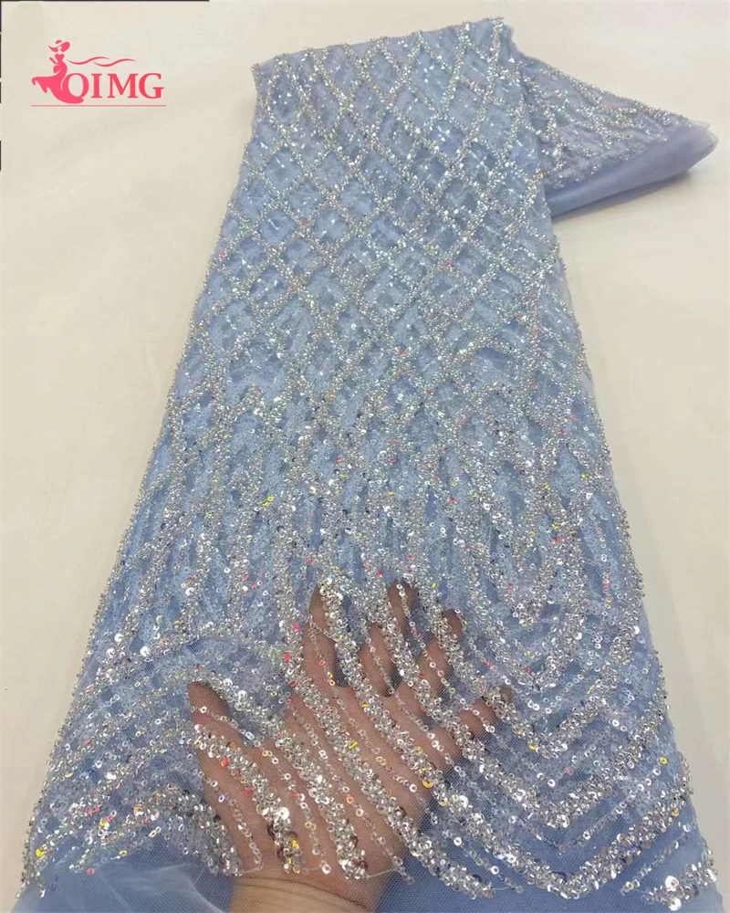 

OIMG Luxury African Lace Fabric 2023 High-End Handmade Beaded Lace Fabric France Sequins For Nigerian Sewing Wedding Dress X0651