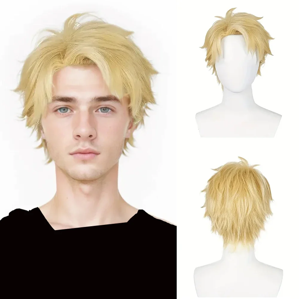 Men Synthetic Short Straight Blonde Wig With Side Part Bangs for Men Anime Cosplay Party Daily Cosplay Anime Fake Hair