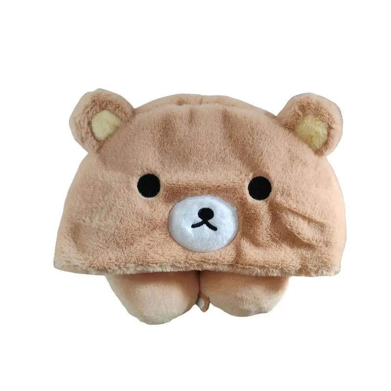 Rilakkuma Cute Plush Toy Doll Travel Hooded U-Shaped Neck Pillow Soft Neck Support Pillow For Plane/Cars/Office Napping Pillow