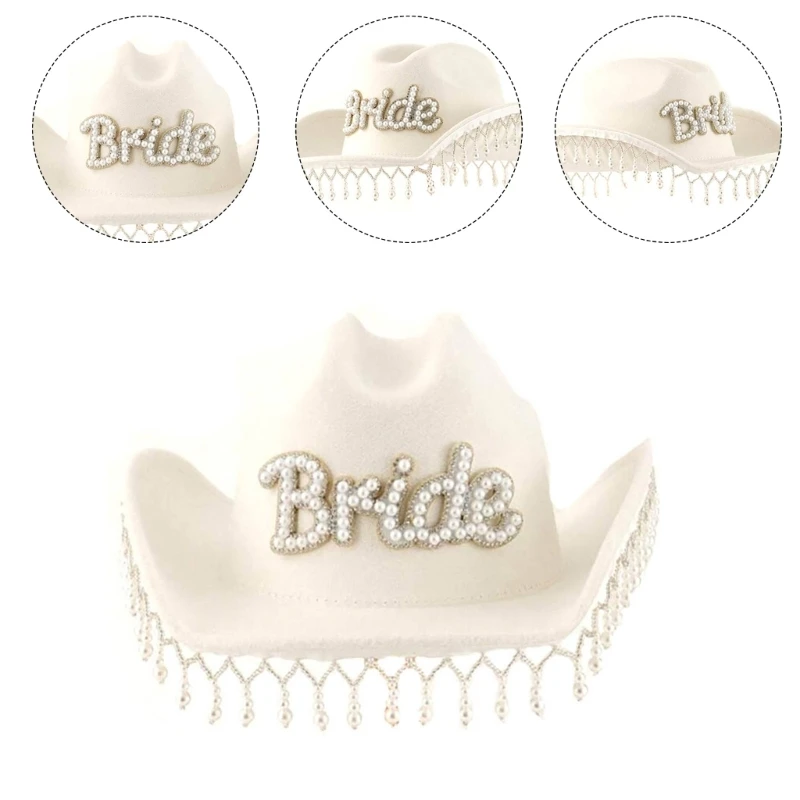 Wedding Cowgirl Hat for Bridal Shower Wide Brims Role Play White Cowboy Hat Fashion Music Festival BrideToBe Fedoras