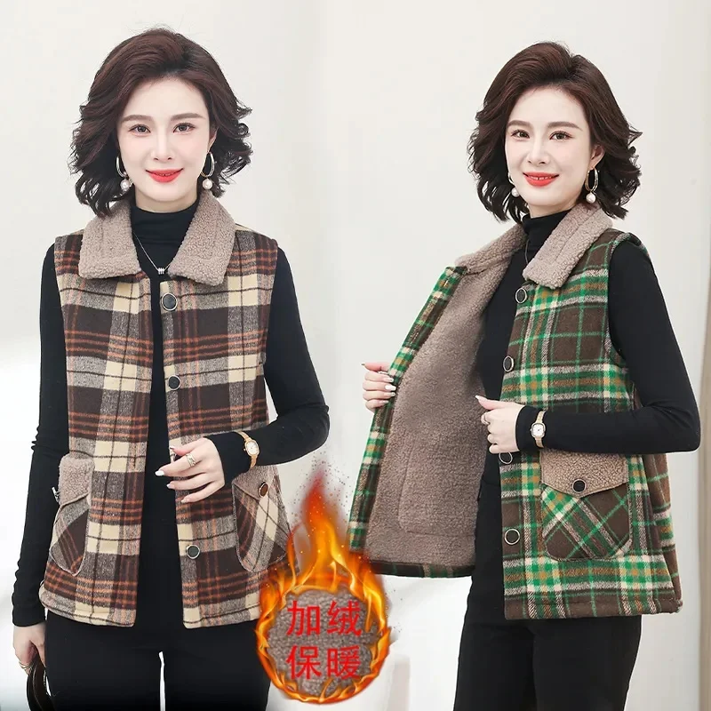 Cashmere Waistcoat for Women 2022 Autumn/Winter New Warm Outside Wearing Gingham Vest Lamb Cashmere Thick Mother Vest for Women