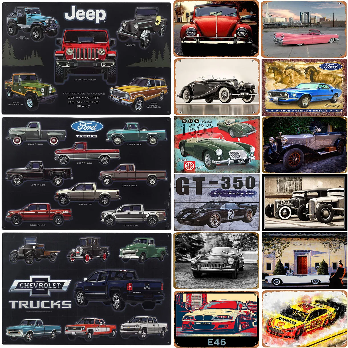 Classic Car Metal Tin Signs Jeep Ford Chevrolet Poster Plate Wall Decor