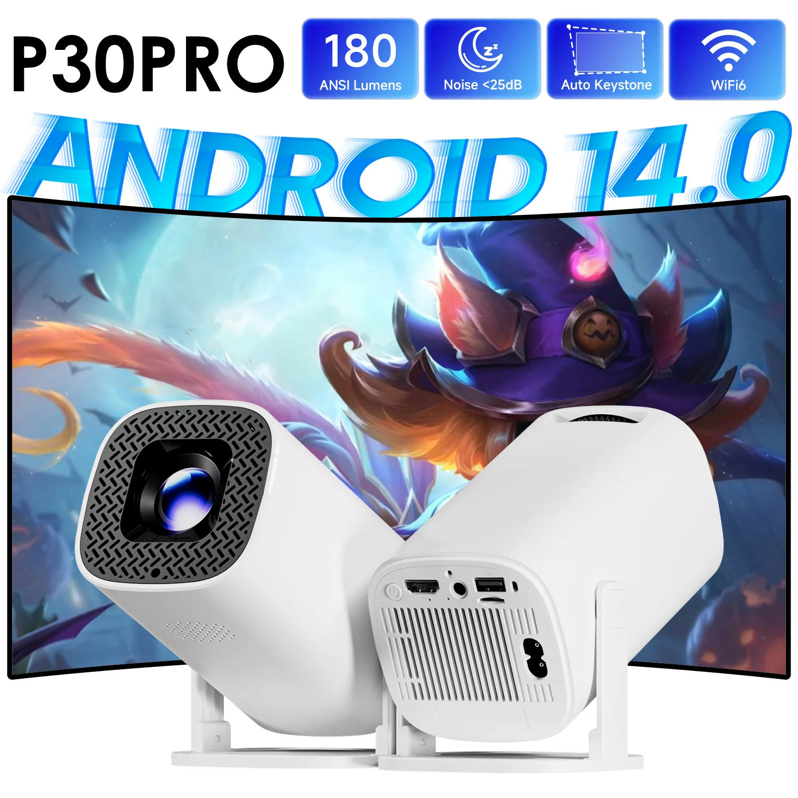 P30 PRO Smart Mini Projector Android 14 WiFi6 BT 5.0 Підтримує 4K 1280 * 720P Відео Розумний домашній кінотеатр Портативний зовнішній проектор