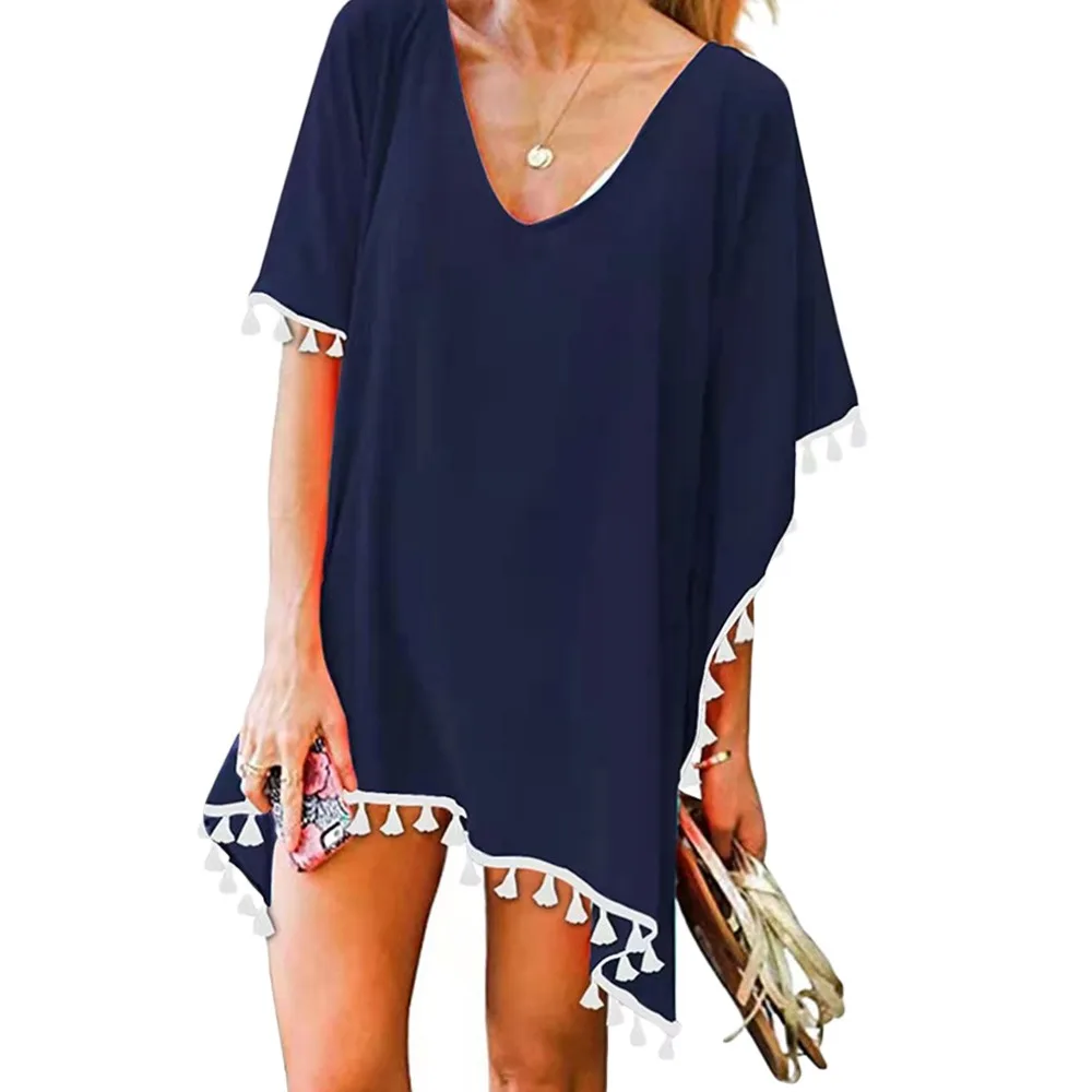 Fashion V Neck Summer Sunscreen Smock Loose Casual Beachwear Shirt Bathing Suit Plus Size Swimsuit Cover Up Dress for Women 1