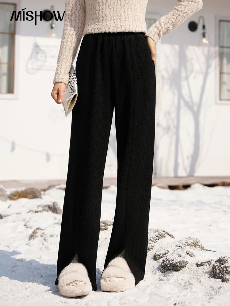 

MISHOW Slit Casual Wide Leg Pants Women Autumn Winter High Waist Straight Trousers Chenille Plus Velvet Thick Pants MXC57K0524