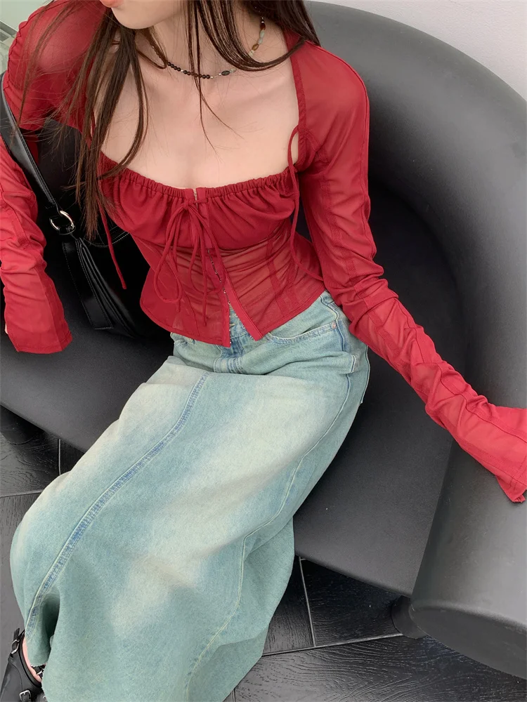 GORGLITTER Damestop met lange mouwen, elegante top, doorzichtige GORGLITTER Damestop met lange mouwen, elegante top, doorzichtige