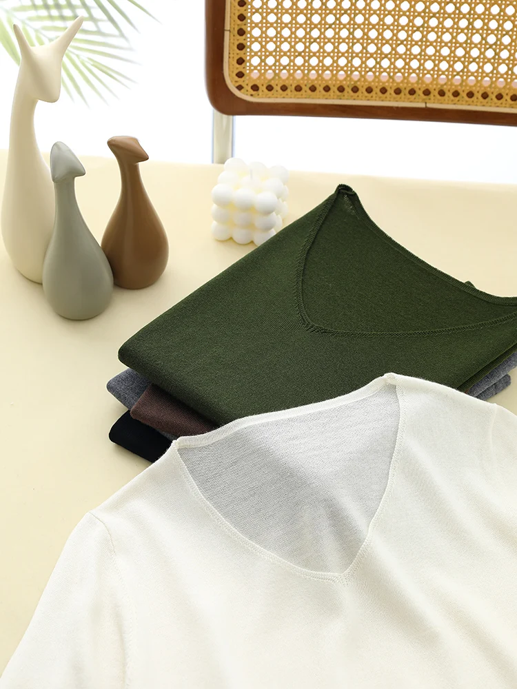 Silk Wool Summer Knitted T-shirt Women V-Neck Worsted Thin Smooth Tshirts Silky Basic Knitwear Top Round Collar Baselayer Tee