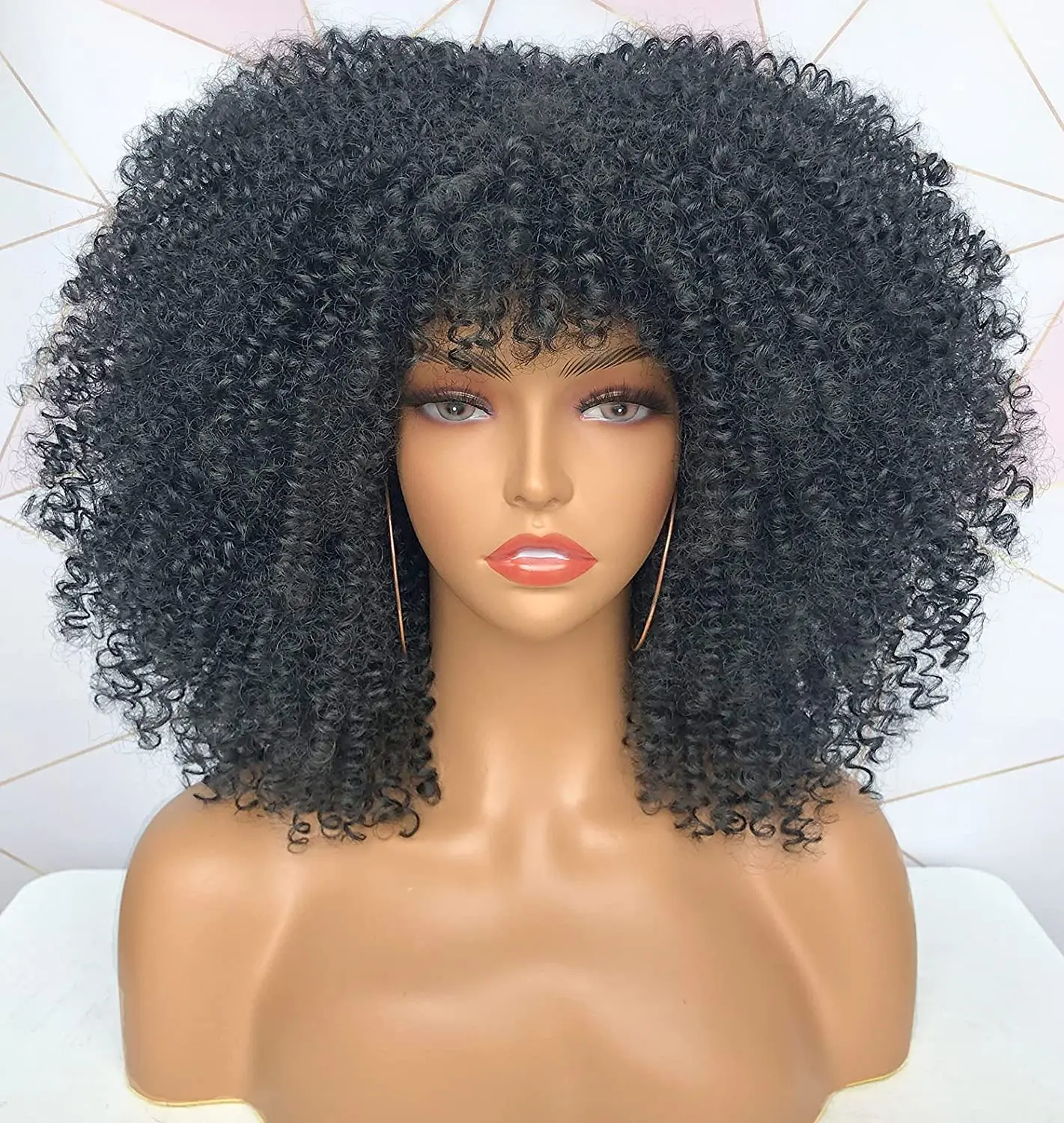 

Afro Kinky Curly Wig with Bangs Human Hair Wigs For Black Women Full Machine Made Wig Brazilian Bouncy Curly Fringe 200% Density