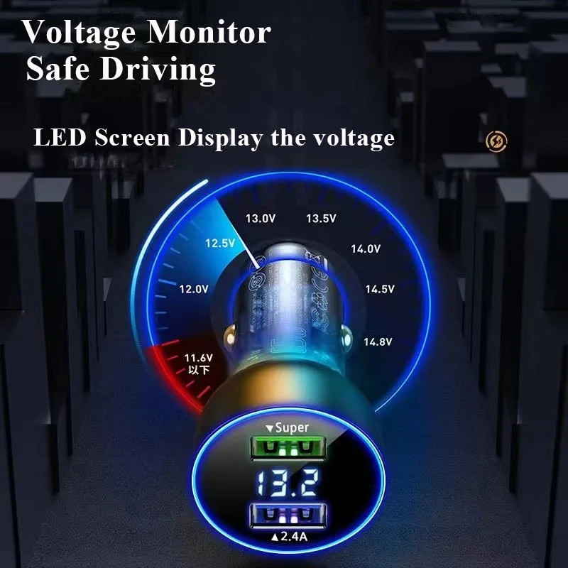 120W Dual USB Car Chargers Fast Charging Adapter With Digital Display Heat Resistance For iphone 14 13 Samsung Huawei In car