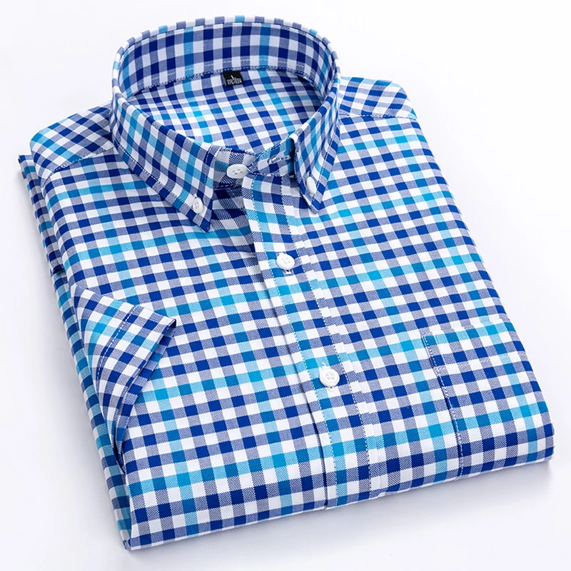 Men's Fashion Plaid Checkered Short Sleeve Cotton Shirt Single Patch Pocket Button-collar Holiday Youthful Casual Gingham Shirts