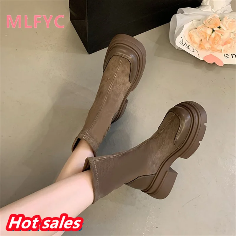 Showy Feet Small Thick Sole Retro British Style Women's Boots Summer 2023 New Brown Thick Heel Elevated Super Hot Short Boots