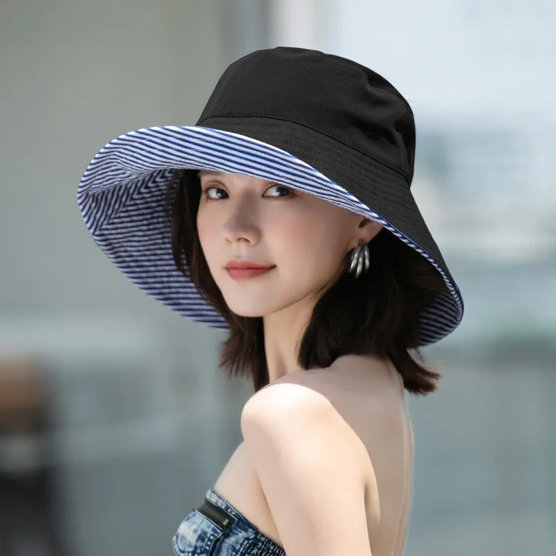 Dames gestreepte dubbelzijdige bucket hat met brede rand, opvouwbare Panama-pet met zonbescherming voor meisjes, geschikt voor buitenactiviteiten, stranduitjes en visserpet_voghion.com