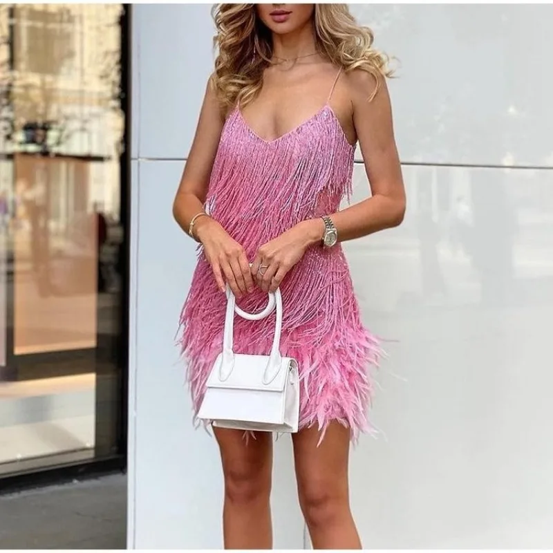 Abito da donna con frange di paillettes, scollo a V, abito da festa con finiture in piume, glamour per compleanno - immagine 3