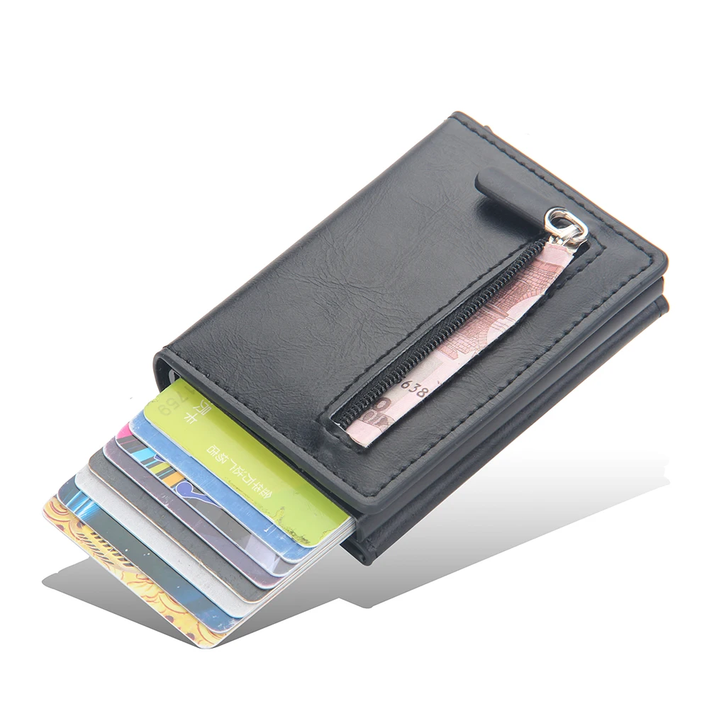 Vintage Crazy Horse Leather Men Wallets Luxury RFID Protection Mini Metal Wallet Zipper Coin Pocket for Men and Women