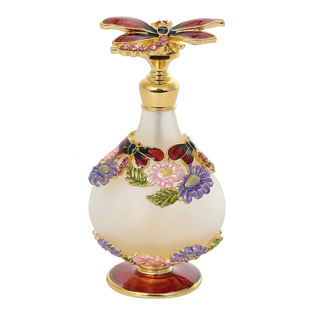 

25ml Perfume Bottle Vintage Frosted Glass Empty Container Hollow Metal Gem Embossed Butterfly Flower Decor Portable Refillable