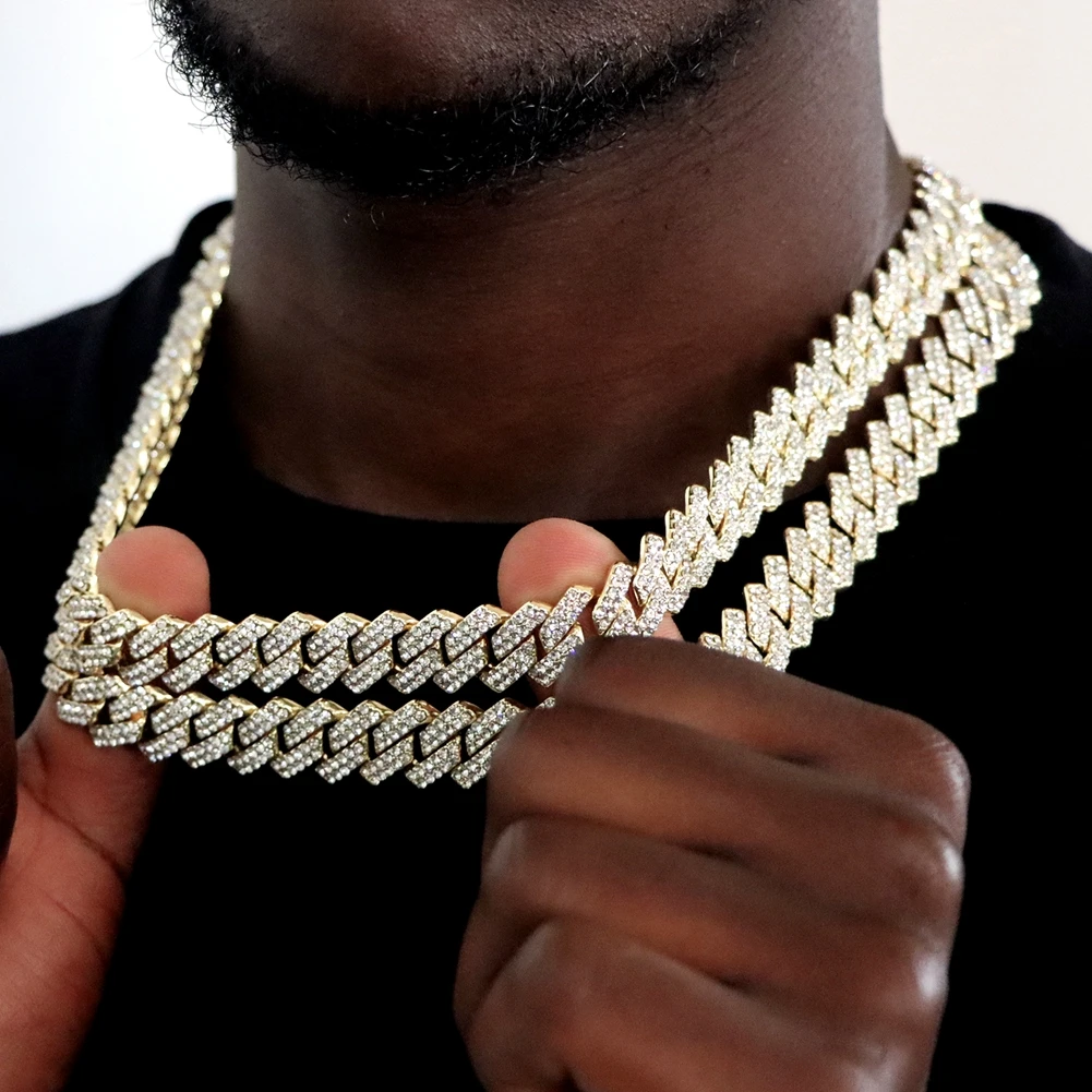 Hip Hop 14MM Prong Cuban Link Chain Necklace Bracelet Iced Out Bling Cuban Chain Rhinestone Chains For Men Punk Rapper Jewelry