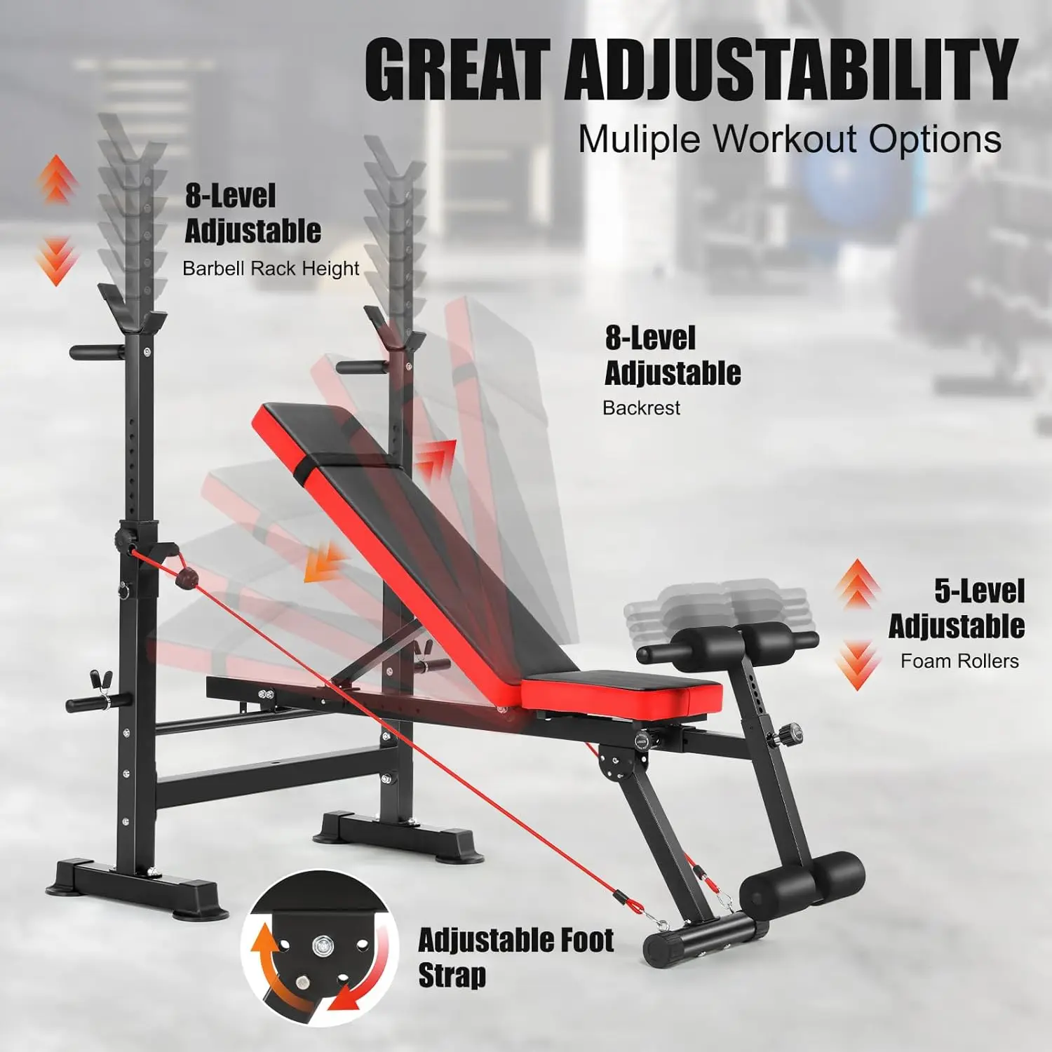6 in 1 Adjustable Weight Bench with Squat Rack and Removable Foot Bracket, 600lbs Bench Press Set Workout with Weight Stor