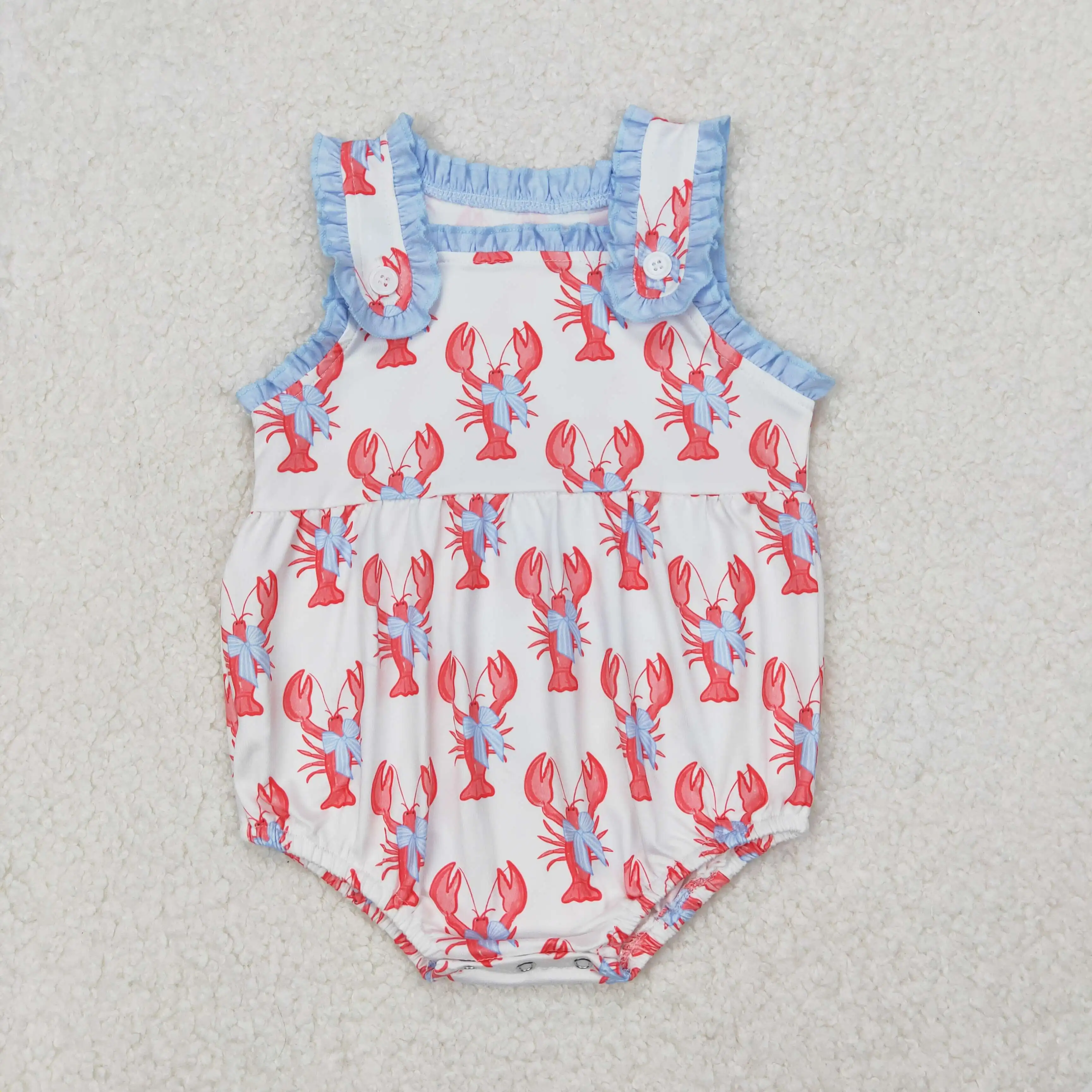 3.27y NEW stock baby summer girls romper wholesale boutique fishing float red bow blue vest rompers