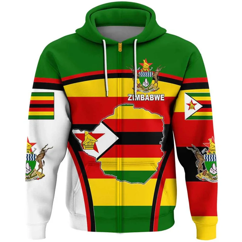 thumbnail image 1 of Sudadera con capucha con gráfico de mapa y bandera de Zimbabue para hombre, sudadera con capucha con emblema nacional con estampado 3D, suéteres casuales holgados con cremallera para la calle, 1 of 5