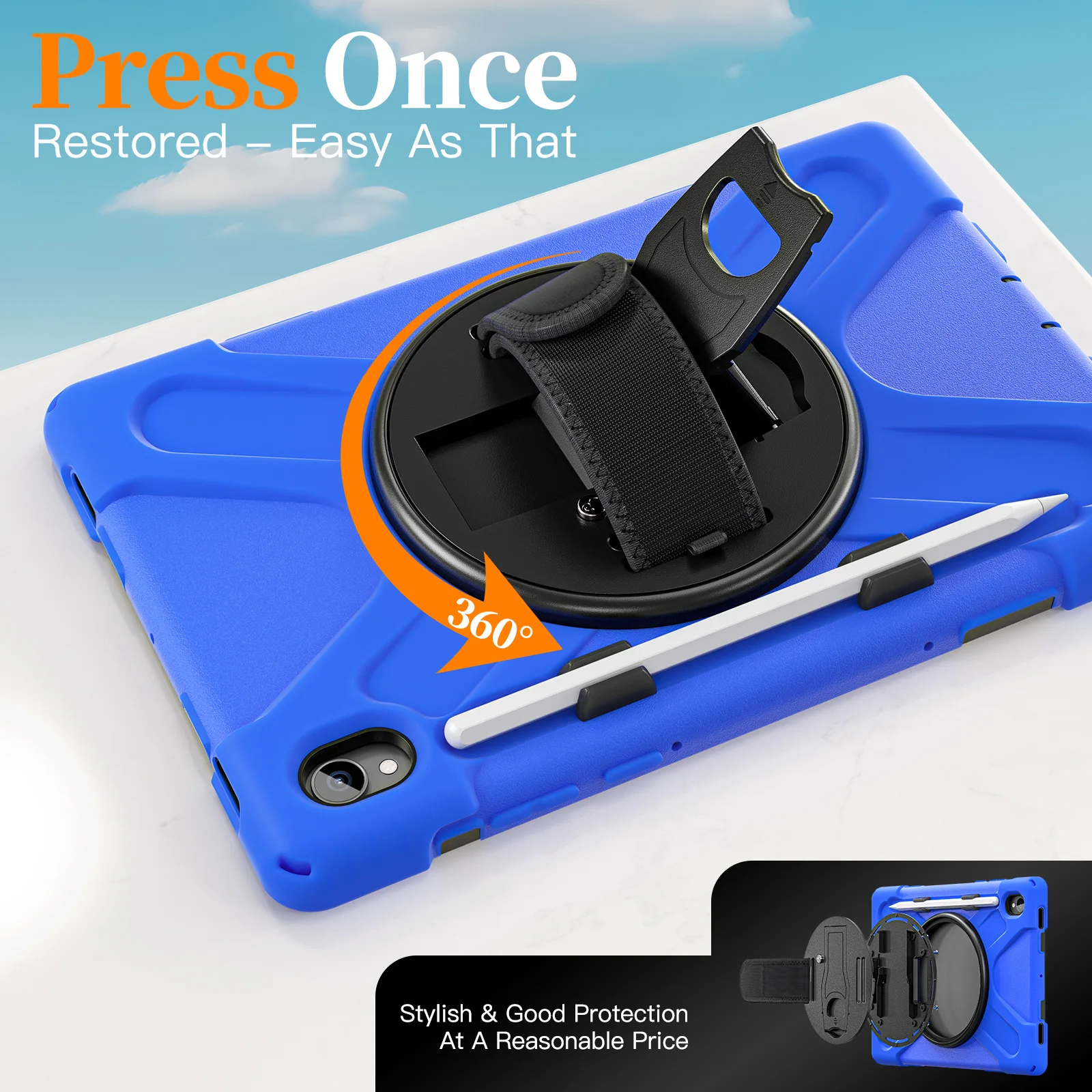 Foldable 360° Rotating Tablet Stand Case with Shoulder Strap and Pen Holder