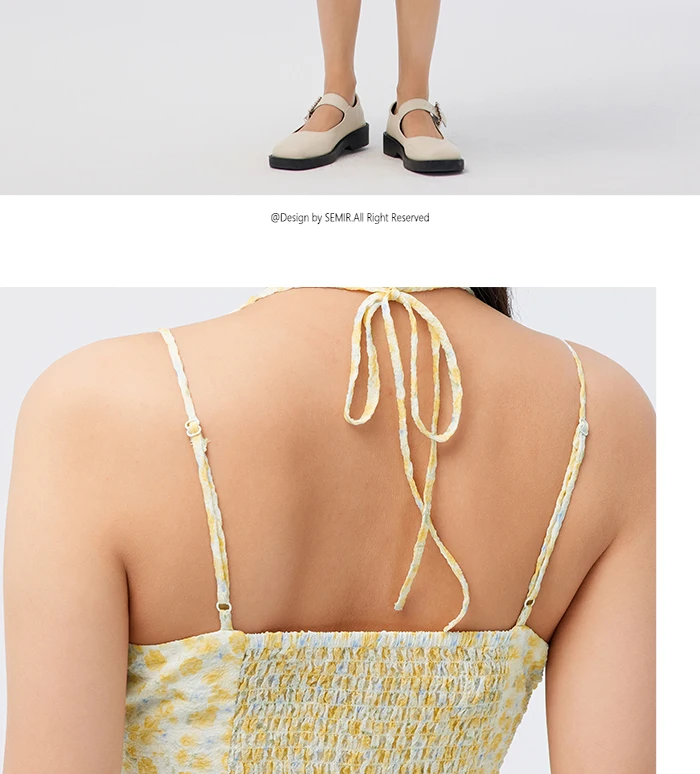 Vestido de mujer de gasa con tirantes altos y abertura, vestido de verano nuevo, vestido ajustado con flores fragmentadas, suave