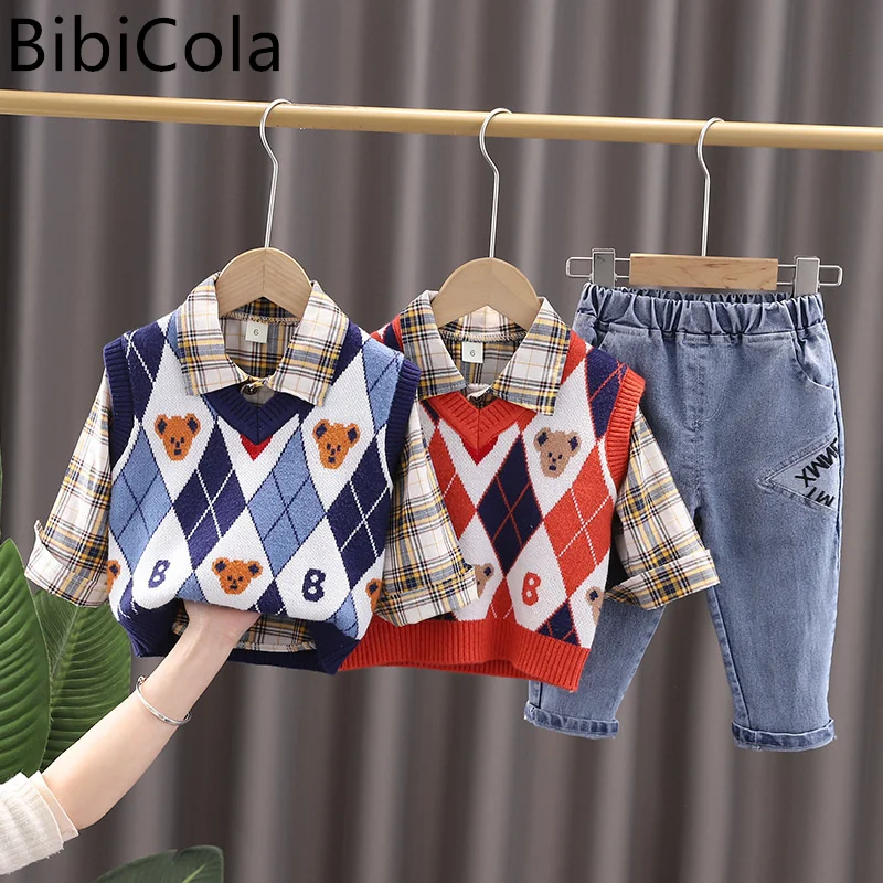 

2022 spring new suit handsome 1-5 years old children cartoon vest three-piece fashion diamond shirt suit