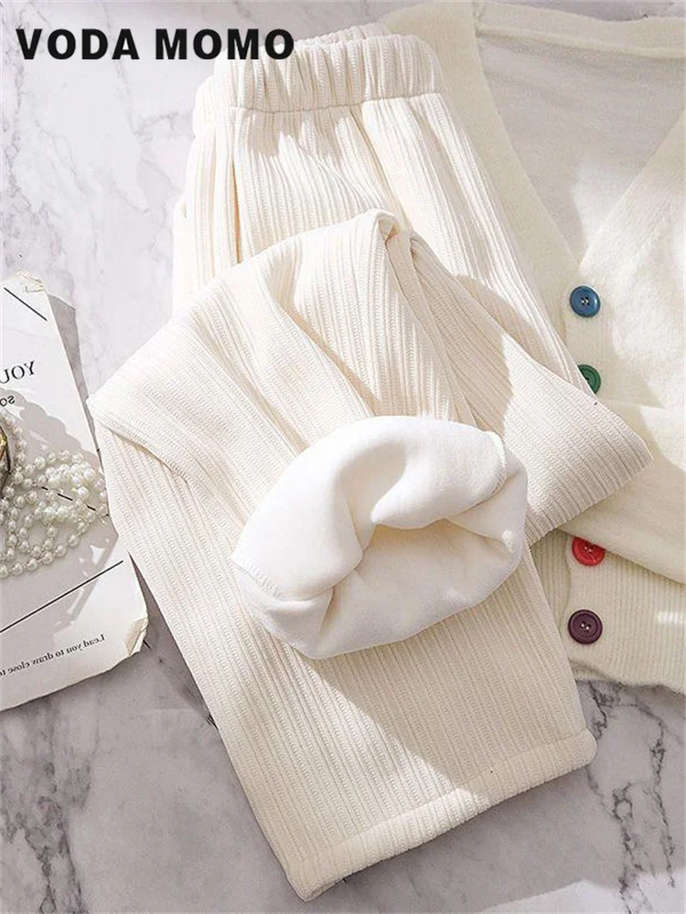 Abbigliamento Da Neve Da Donna Pantalone Moda Coreana Peluche Spessa Elastico A Vita Alta Spodnie Nuovo Inverno Addensare Pantaloni A Gamba Larga In V