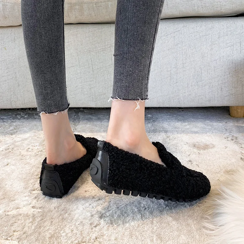Fur Loafers Ladies Shoes Black Flats Vintage Shoes Women Fashion Womens Comfort Slip On Feminino Schoenen Dames Sepatu