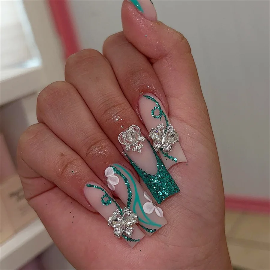 

24Pcs Long Shine Flower Fake Nail Patch For Women Acrylic Finished Removable Wearable False Nail Patch